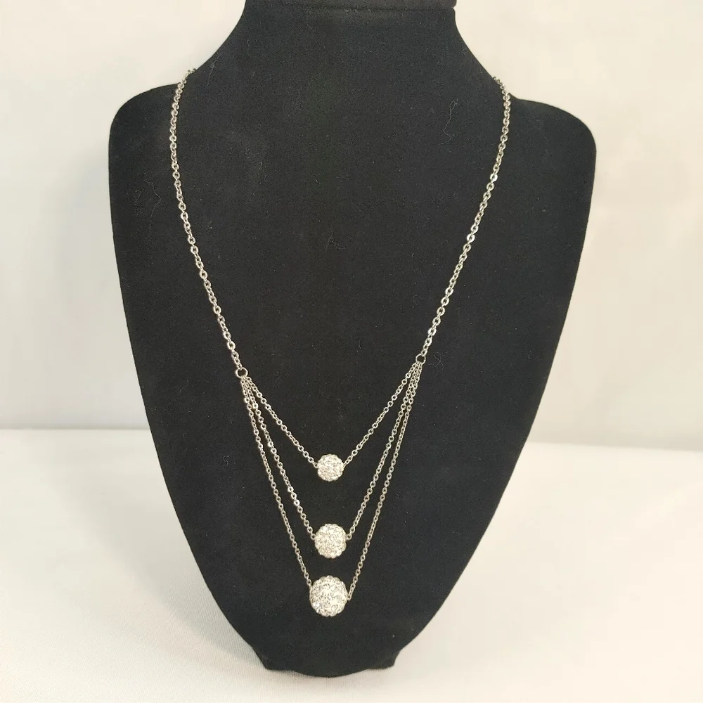 Silver Tone Triple Strand Rhinestone Ball Layered Necklace - Picture 2 of 6